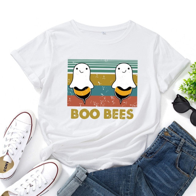 2020 Plus Size Women T Shirt Lovely BOO BEES Printed Shirts O Neck Short Sleeve Tees Summer T-Shirt 100%Cotton Women TShirt Tops