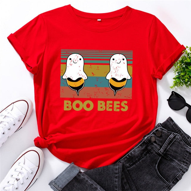 2020 Plus Size Women T Shirt Lovely BOO BEES Printed Shirts O Neck Short Sleeve Tees Summer T-Shirt 100%Cotton Women TShirt Tops