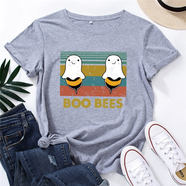 2020 Plus Size Women T Shirt Lovely BOO BEES Printed Shirts O Neck Short Sleeve Tees Summer T-Shirt 100%Cotton Women TShirt Tops