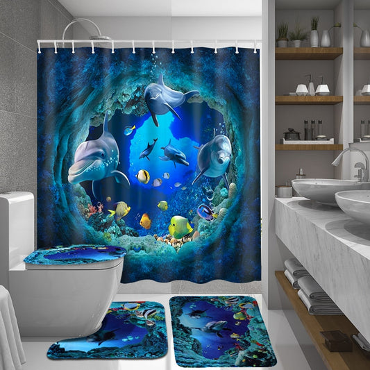Ocean Dolphin Deep Sea Polyester Shower Curtain Bathroom Waterproof with 10 Hooks Pedestal Rug Lid Toilet Cover Bath Mat Set