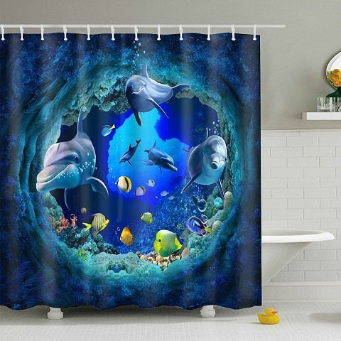 Ocean Dolphin Deep Sea Polyester Shower Curtain Bathroom Waterproof with 10 Hooks Pedestal Rug Lid Toilet Cover Bath Mat Set