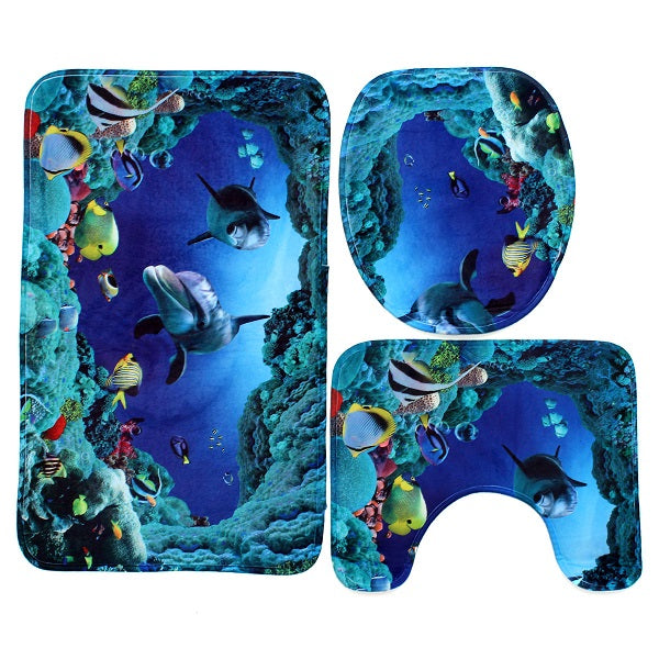 Ocean Dolphin Deep Sea Polyester Shower Curtain Bathroom Waterproof with 10 Hooks Pedestal Rug Lid Toilet Cover Bath Mat Set
