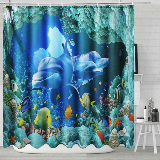 Ocean Dolphin Deep Sea Polyester Shower Curtain Bathroom Waterproof with 10 Hooks Pedestal Rug Lid Toilet Cover Bath Mat Set