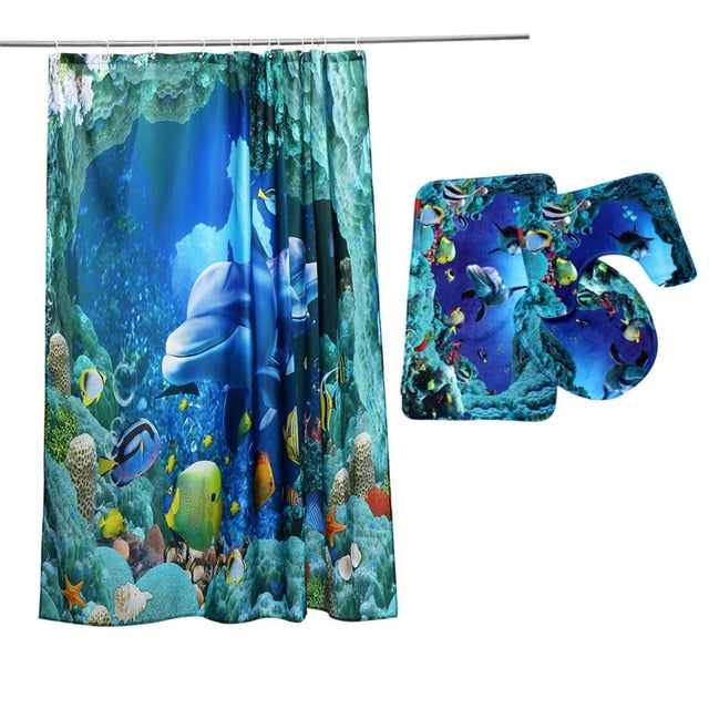 Ocean Dolphin Deep Sea Polyester Shower Curtain Bathroom Waterproof with 10 Hooks Pedestal Rug Lid Toilet Cover Bath Mat Set