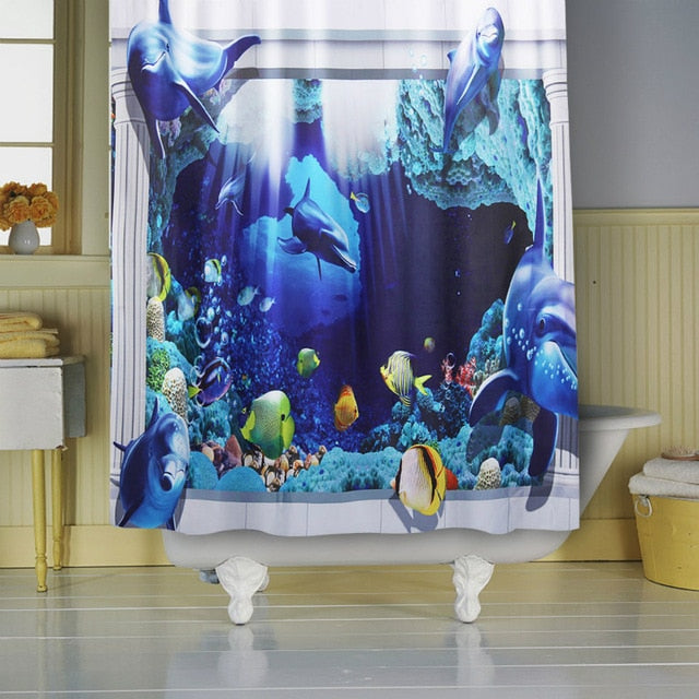 Ocean Dolphin Deep Sea Polyester Shower Curtain Bathroom Waterproof with 10 Hooks Pedestal Rug Lid Toilet Cover Bath Mat Set