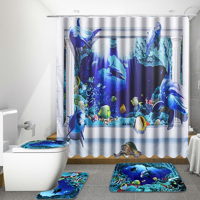 Ocean Dolphin Deep Sea Polyester Shower Curtain Bathroom Waterproof with 10 Hooks Pedestal Rug Lid Toilet Cover Bath Mat Set