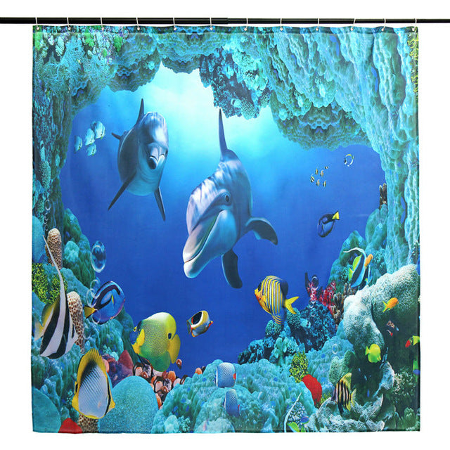 Ocean Dolphin Deep Sea Polyester Shower Curtain Bathroom Waterproof with 10 Hooks Pedestal Rug Lid Toilet Cover Bath Mat Set