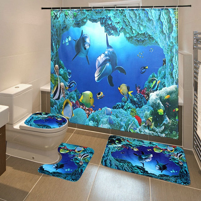 Ocean Dolphin Deep Sea Polyester Shower Curtain Bathroom Waterproof with 10 Hooks Pedestal Rug Lid Toilet Cover Bath Mat Set