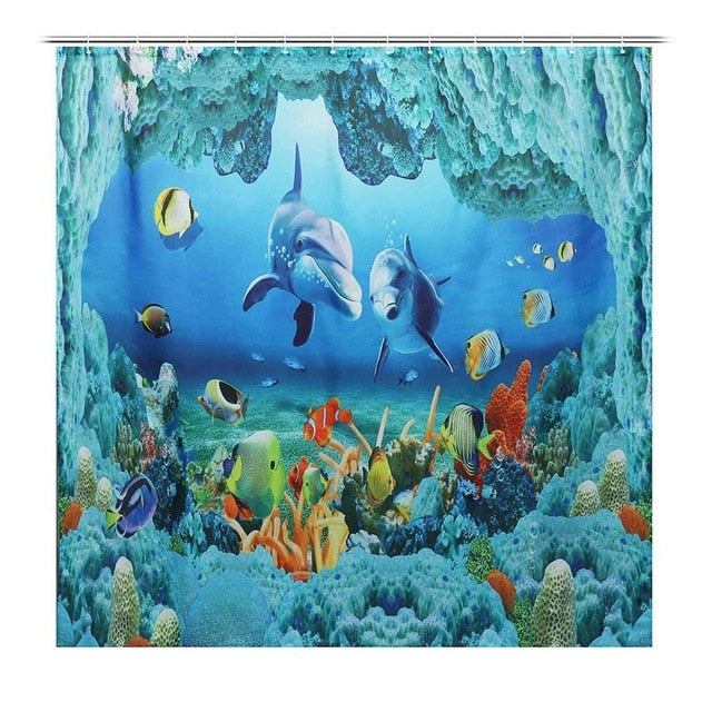 Ocean Dolphin Deep Sea Polyester Shower Curtain Bathroom Waterproof with 10 Hooks Pedestal Rug Lid Toilet Cover Bath Mat Set