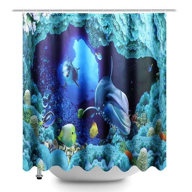 Ocean Dolphin Deep Sea Polyester Shower Curtain Bathroom Waterproof with 10 Hooks Pedestal Rug Lid Toilet Cover Bath Mat Set