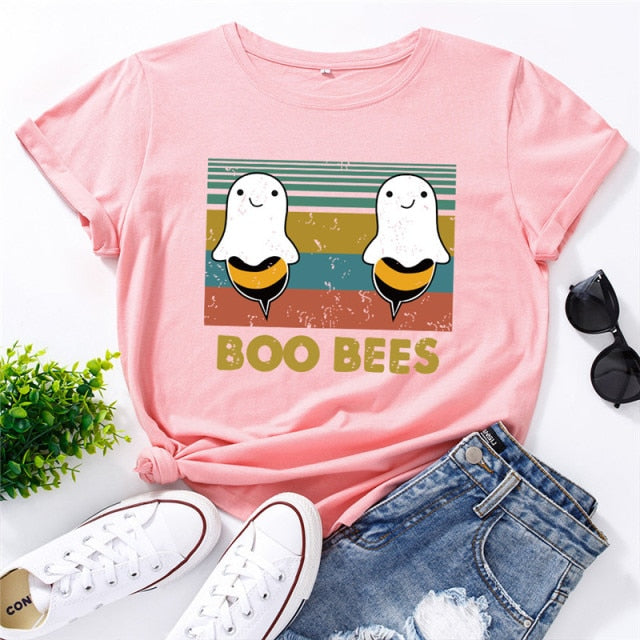 2020 Plus Size Women T Shirt Lovely BOO BEES Printed Shirts O Neck Short Sleeve Tees Summer T-Shirt 100%Cotton Women TShirt Tops