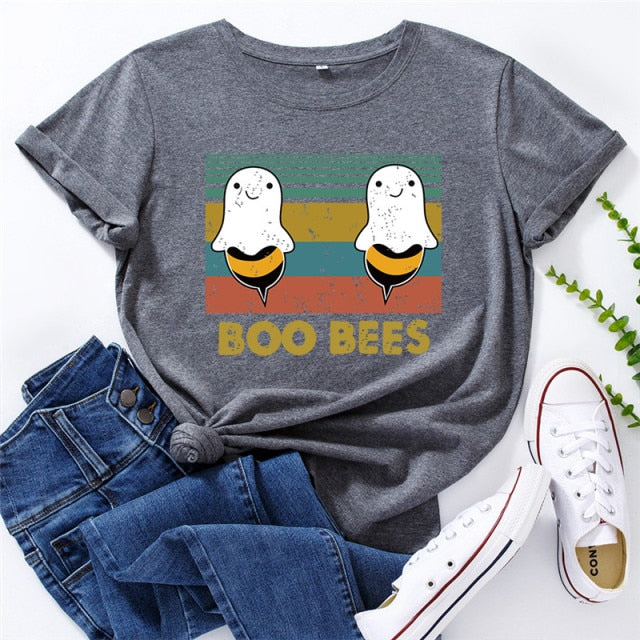 2020 Plus Size Women T Shirt Lovely BOO BEES Printed Shirts O Neck Short Sleeve Tees Summer T-Shirt 100%Cotton Women TShirt Tops