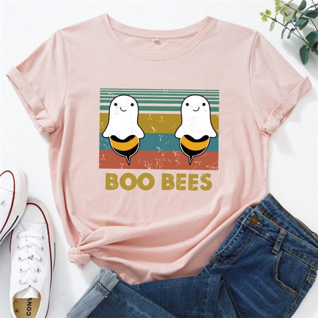 2020 Plus Size Women T Shirt Lovely BOO BEES Printed Shirts O Neck Short Sleeve Tees Summer T-Shirt 100%Cotton Women TShirt Tops