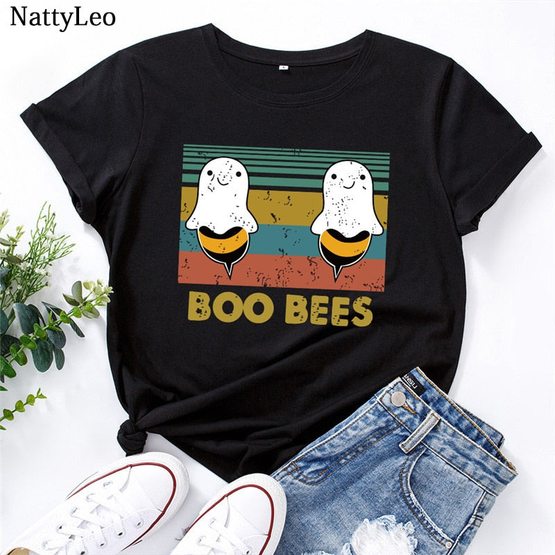 2020 Plus Size Women T Shirt Lovely BOO BEES Printed Shirts O Neck Short Sleeve Tees Summer T-Shirt 100%Cotton Women TShirt Tops