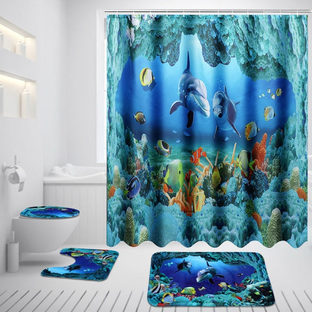 Ocean Dolphin Deep Sea Polyester Shower Curtain Bathroom Waterproof with 10 Hooks Pedestal Rug Lid Toilet Cover Bath Mat Set