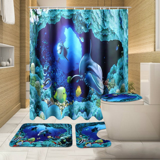 Ocean Dolphin Deep Sea Polyester Shower Curtain Bathroom Waterproof with 10 Hooks Pedestal Rug Lid Toilet Cover Bath Mat Set
