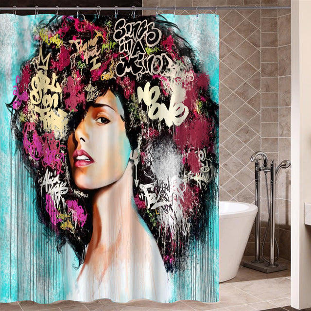 Art Design Graffiti Art Hip Hop African Girl with Black Hair Big Earring Shower Curtain and Mat Set Bathroom Tub Curtain