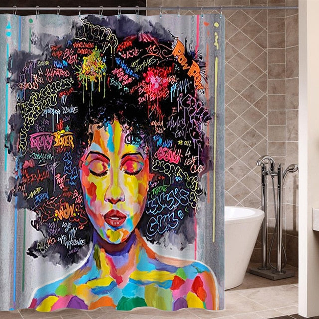 Art Design Graffiti Art Hip Hop African Girl with Black Hair Big Earring Shower Curtain and Mat Set Bathroom Tub Curtain