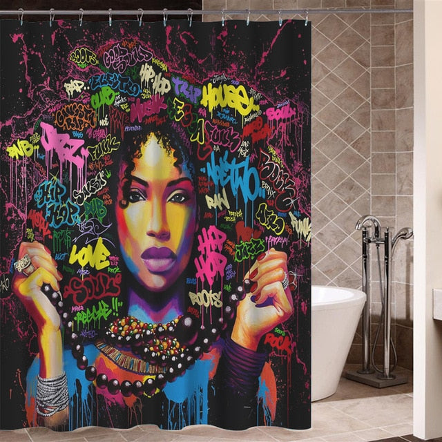 Art Design Graffiti Art Hip Hop African Girl with Black Hair Big Earring Shower Curtain and Mat Set Bathroom Tub Curtain