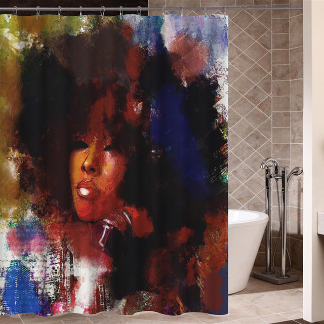 Art Design Graffiti Art Hip Hop African Girl with Black Hair Big Earring Shower Curtain and Mat Set Bathroom Tub Curtain