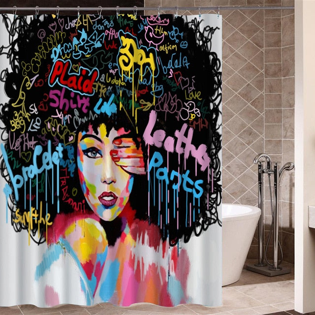 Art Design Graffiti Art Hip Hop African Girl with Black Hair Big Earring Shower Curtain and Mat Set Bathroom Tub Curtain